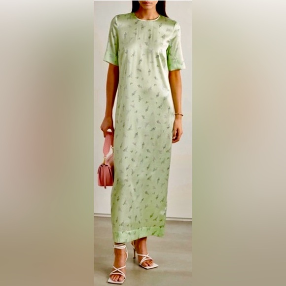 Ganni Dresses & Skirts - GANNI Mint Green Silk Floral Maxi T Shirt Dress Adjustable Leg Slit Zipper Sz. 6